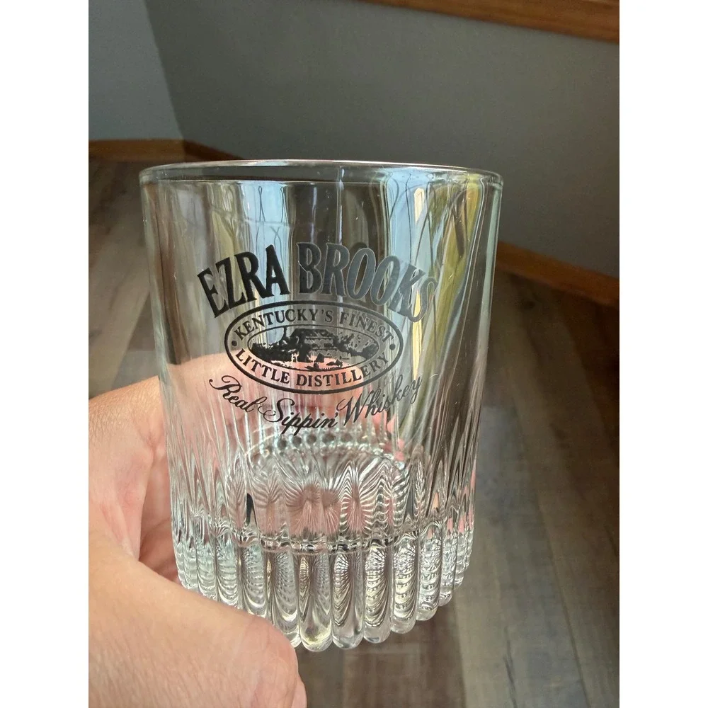 Ezra Brooks Whiskey Rocks Glasses Set of 2 Ribbed Lowball Bourbon Tumblers Clear
